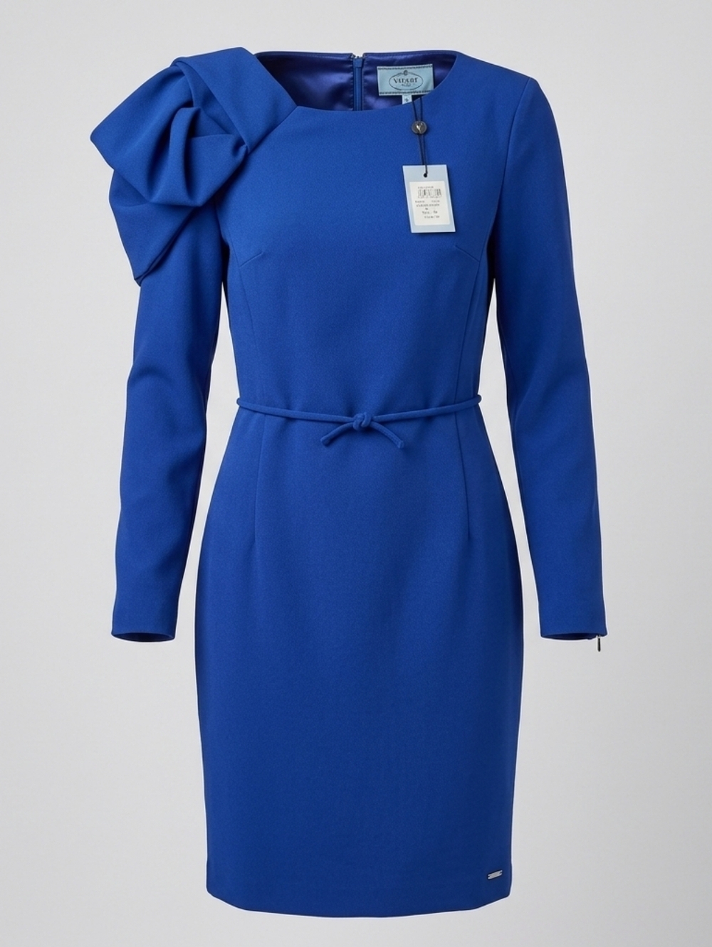 NWT Vipart Blue Belted Pencil Slim Fit Long Sleeve Cocktail Event Midi Dress M